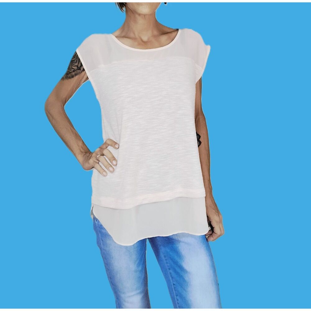 Ann Taylor Cream Sheer Preppy Sleeveless Tank Top Medium Layered Textured